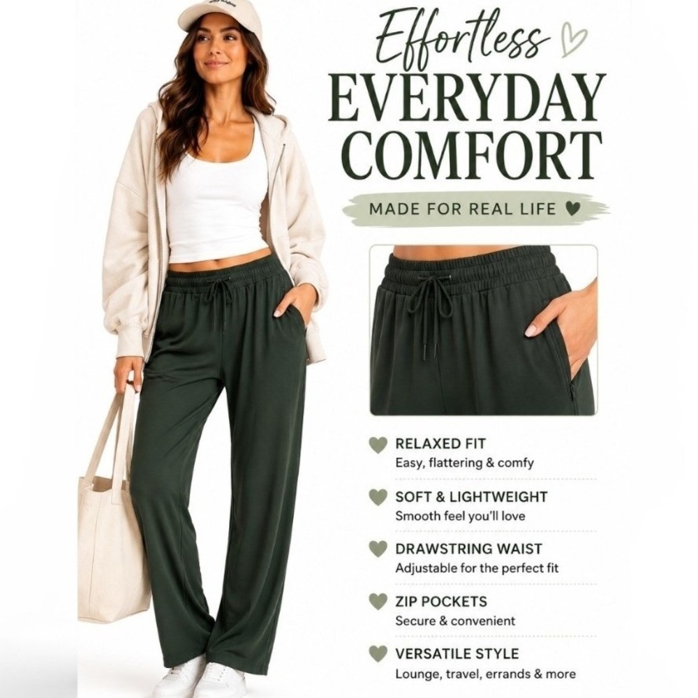 Magcomsen Dark Green Athleisure Lounge Pants Drawstring Relaxed Fit Comfy New